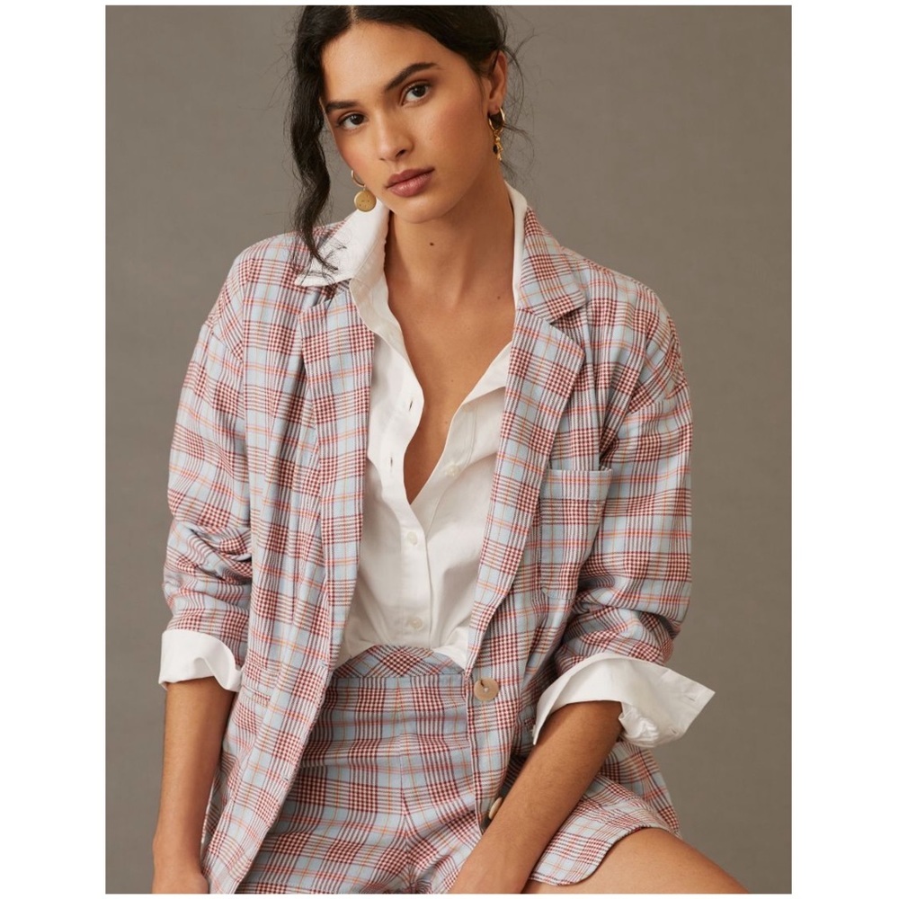 Anthropologie Pilcro Relaxed Blazer Jacket NEW Red Blue Plaid ANTHRO NWT